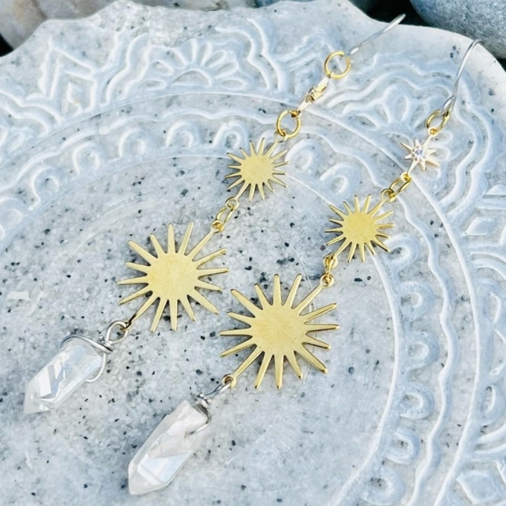 Quartz Celestial Dangle Earrings - Handmade by Wandering Bunny LLC